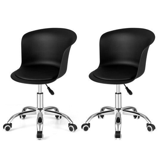 Set of 2 Office Desk Chair with Ergonomic Backrest and Soft Padded PU Leather Seat-Black - Color: Black