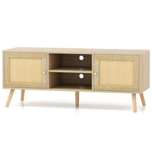 PE Rattan Media Console Table with 2 Cabinets and Open Shelves - Color: Natural - Minihomy