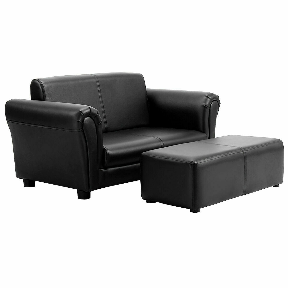 Black/White Kids Double Sofa with Ottoman-Black - Color: Black