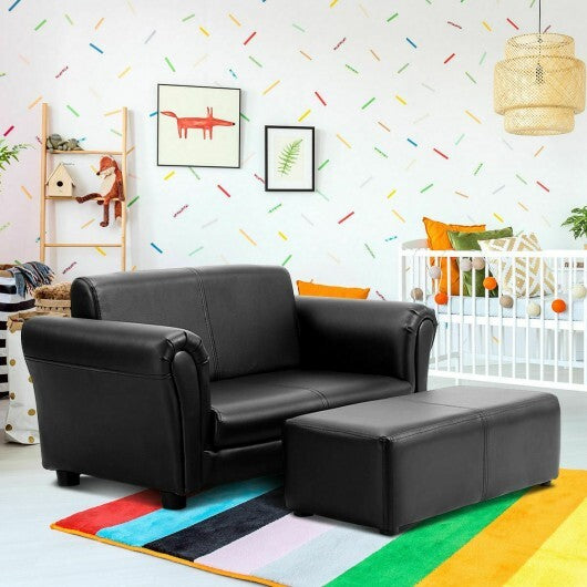 Black/White Kids Double Sofa with Ottoman-Black - Color: Black