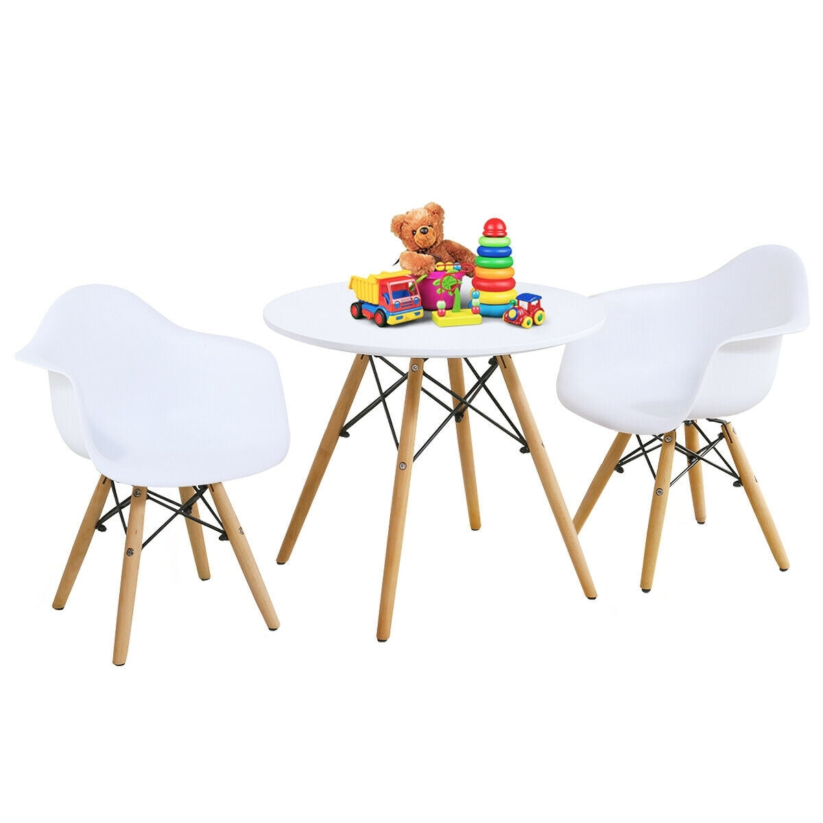 3 Pieces Kid's Modern Round Table Chair Set - Color: White - Minihomy