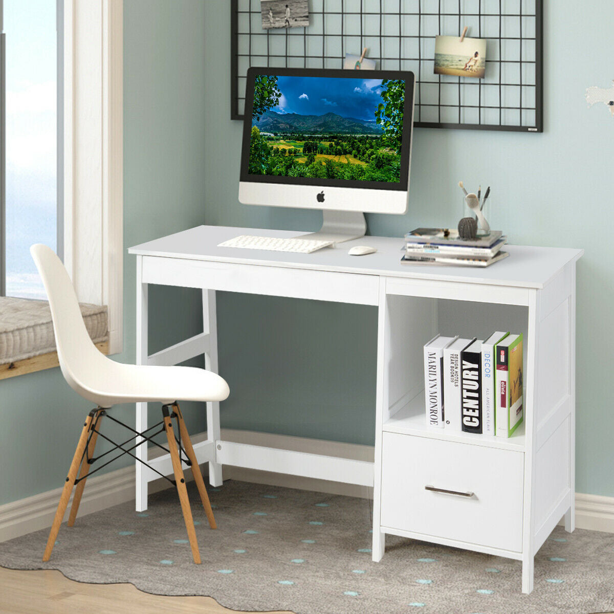 47.5 Inch Modern Home Computer Desk with 2 Storage Drawers-White - Color: White - Minihomy