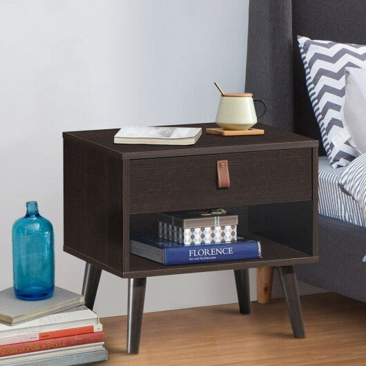 Nightstand Bedroom Table with Drawer Storage Shelf-Brown