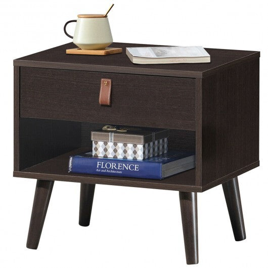 Nightstand Bedroom Table with Drawer Storage Shelf-Brown - Minihomy