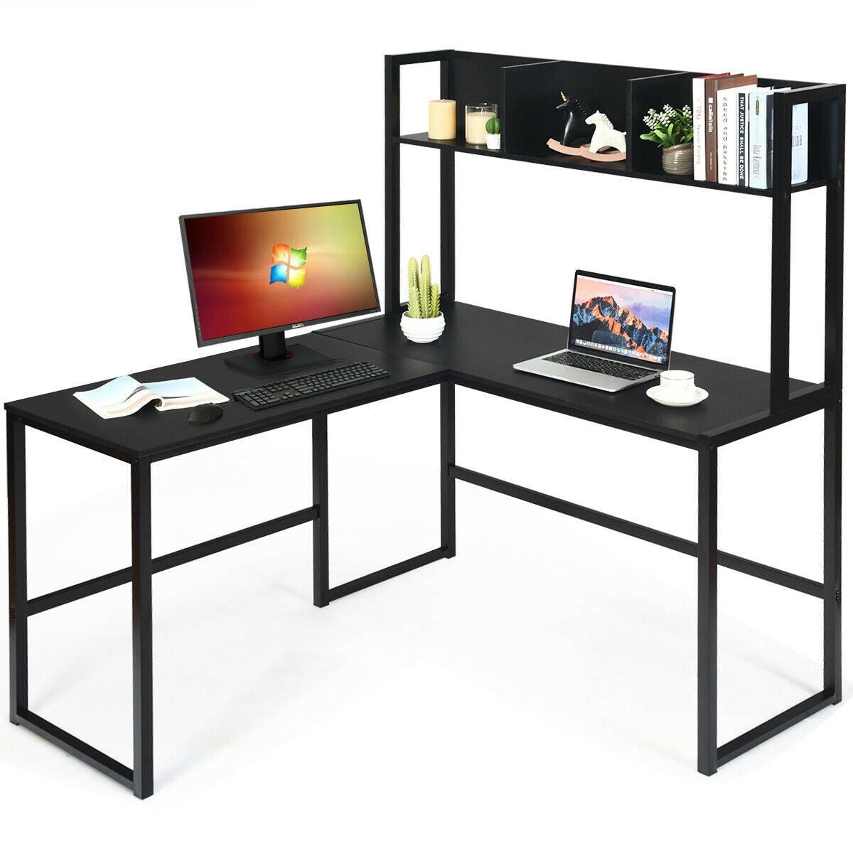 Reversible L-Shaped Corner Desk with Storage Bookshelf-Black - Color: Black