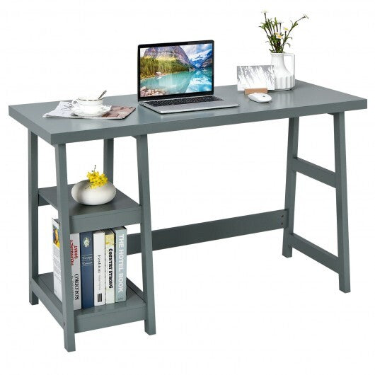 Wooden Trestle Computer Desk with 2-Tier Removable Shelves-Gray - Color: Gray