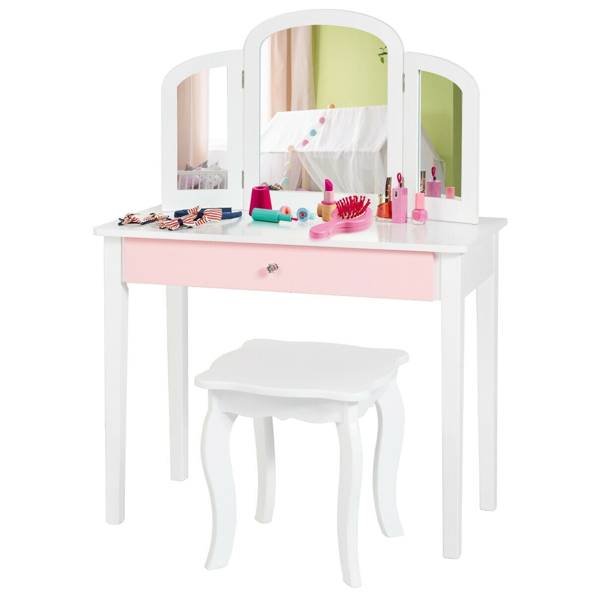Kids Princess Make Up Dressing Table with Tri-folding Mirror and Chair-White - Color: White