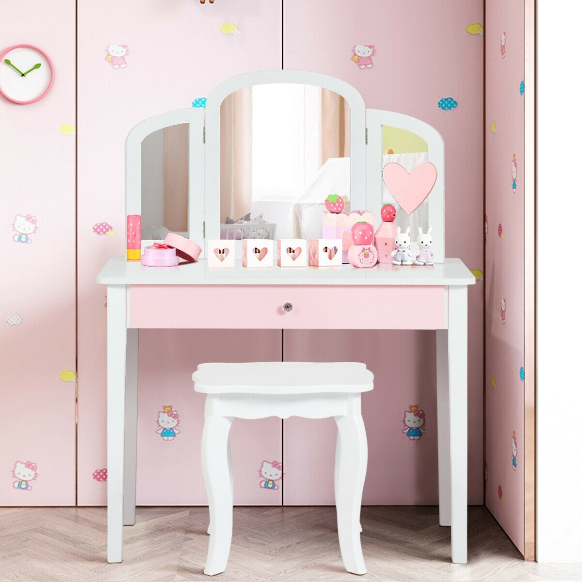 Kids Princess Make Up Dressing Table with Tri-folding Mirror and Chair-White - Color: White
