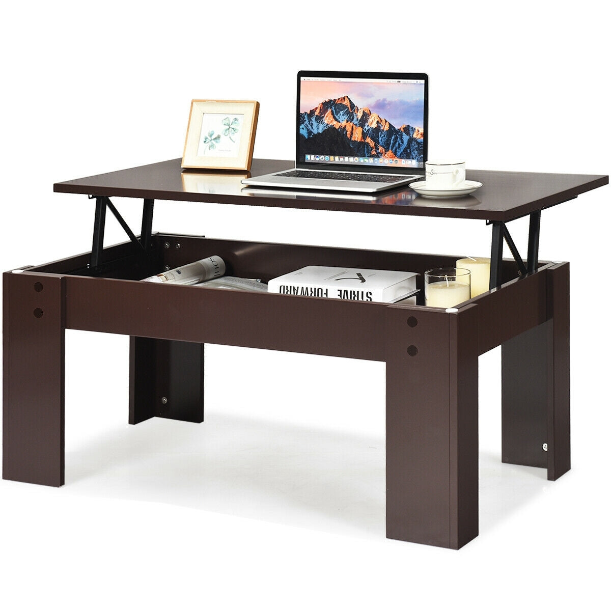 Lift Top Coffee Pop-UP Cocktail Table-Brown - Color: Brown - Minihomy