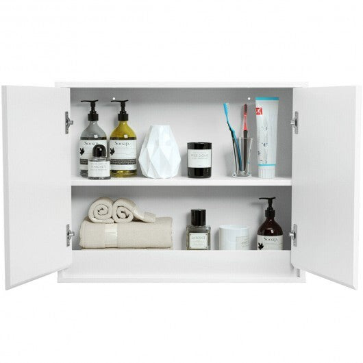 2-Door Wall-Mounted Bathroom Mirrored Medicine Cabinet - Color: White