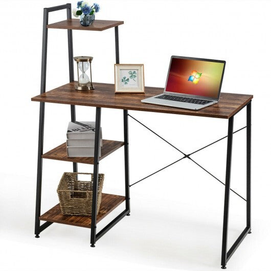 Compact Computer Desk Workstation with 4 Tier Shelves for Home and Office-Brown - Color: Brown - Minihomy