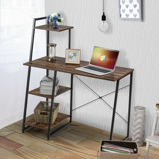 Compact Computer Desk Workstation with 4 Tier Shelves for Home and Office-Brown - Color: Brown - Minihomy