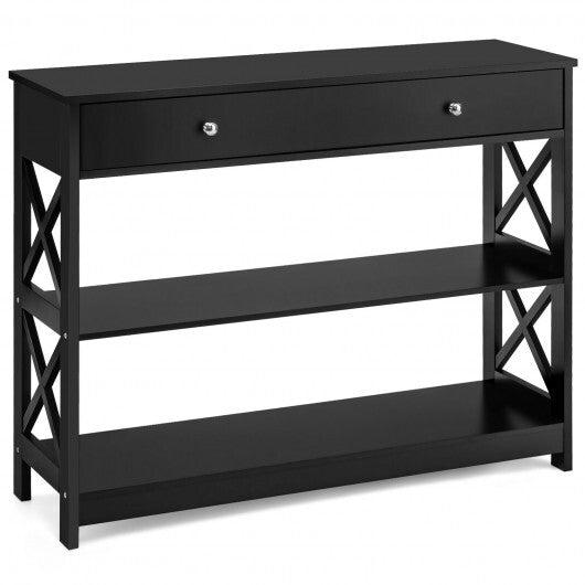 3-Tier Console Table with Drawers for Living Room Entryway-Black - Minihomy