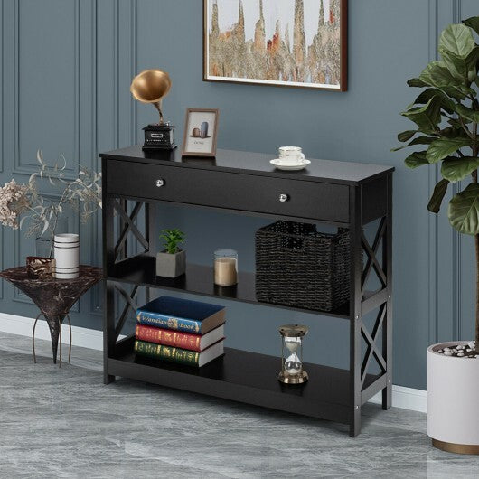 3-Tier Console Table with Drawers for Living Room Entryway-Black - Minihomy