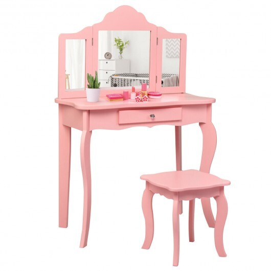 Kids Makeup Dressing Mirror Vanity Table Stool Set-Pink - Color: Pink