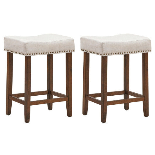 2 Pieces Nailhead Saddle Bar Stools with Fabric Seat and Wood Legs-Gray - Minihomy