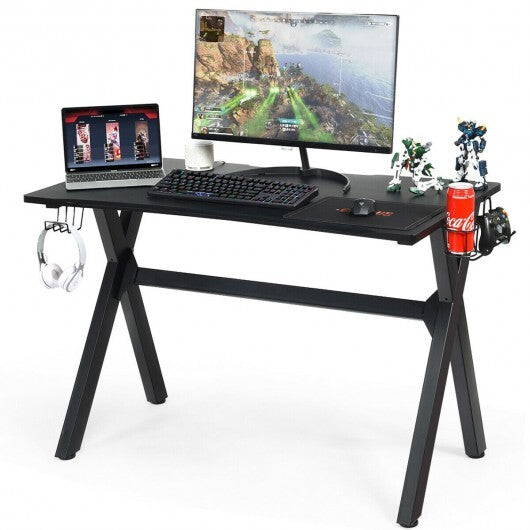 Ergonomic Gaming Desk with Mousepad and Cup Headphone Holder - Color: Black - Minihomy