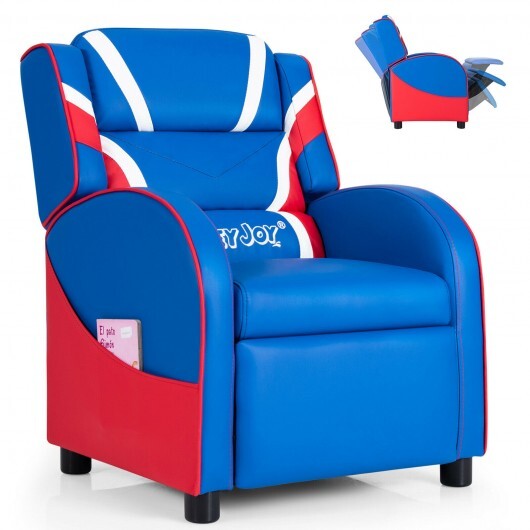 Kids Leather Recliner Chair with Side Pockets-Blue - Color: Blue