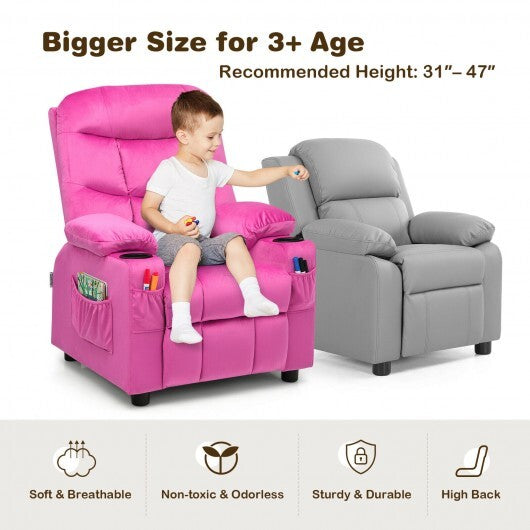 Kids PU Leather/Velvet Fabric Kids Recliner Chair with Cup Holders - Minihomy