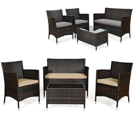 4 Pieces Comfortable Outdoor Rattan Sofa Set with Glass Coffee Table-Beige & Gray - Color: Beige & Gray - Minihomy