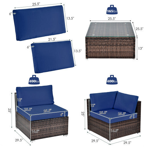 6 Pieces Patio Rattan Furniture Set with Cushions and Glass Coffee Table-Navy - Color: Navy - Minihomy