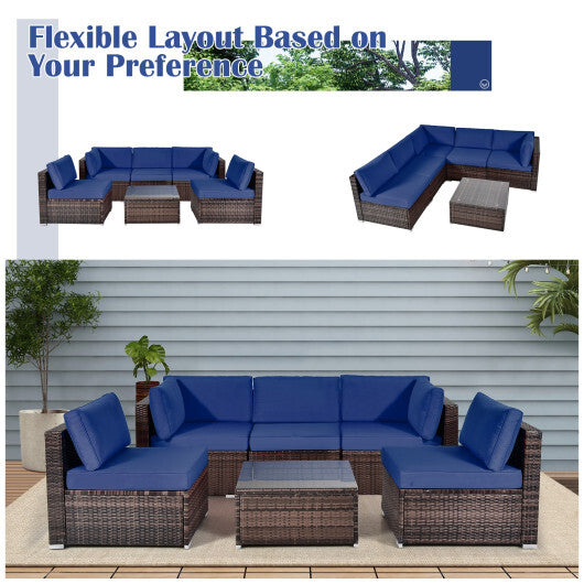 6 Pieces Patio Rattan Furniture Set with Cushions and Glass Coffee Table-Navy - Color: Navy - Minihomy