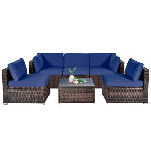 6 Pieces Patio Rattan Furniture Set with Cushions and Glass Coffee Table-Navy - Color: Navy