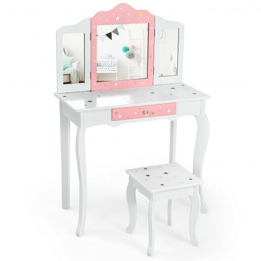 Kids Princess Vanity Table and Stool Set with Tri-folding Mirror and Drawer-White - Color: White