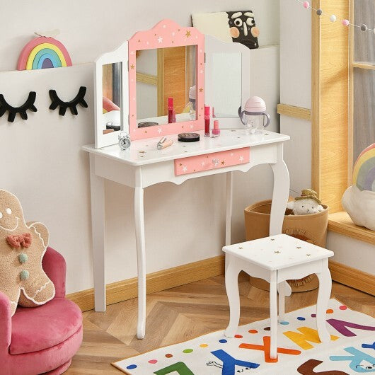 Kids Princess Vanity Table and Stool Set with Tri-folding Mirror and Drawer-White - Color: White
