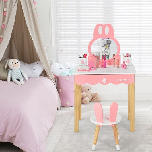 Kids Vanity Set Rabbit Makeup Dressing Table Chair Set with Mirror and Drawer-White - Color: White