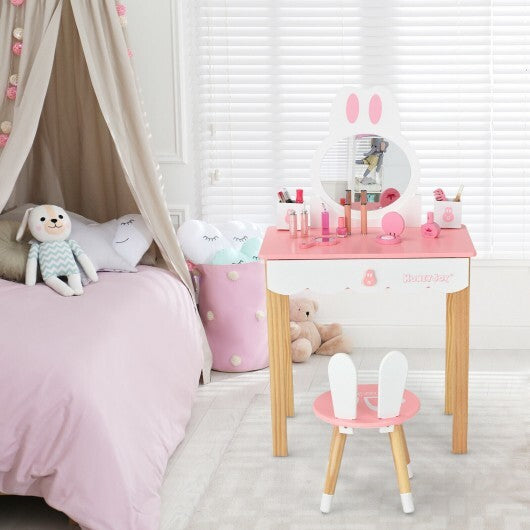 Kids Vanity Set Rabbit Makeup Dressing Table Chair Set with Mirror and Drawer-Pink