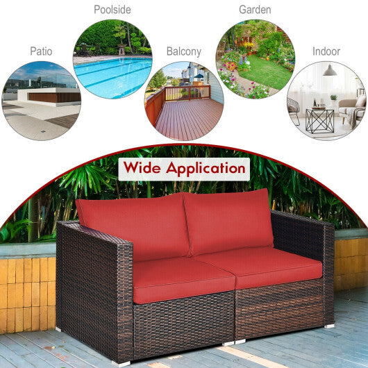 2PCS Patio Rattan Sectional Conversation Sofa Set-Red - Color: Red - Minihomy