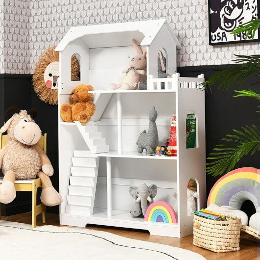 Kids Wooden Dollhouse Bookshelf with Anti-Tip Design and Storage Space-White - Color: White