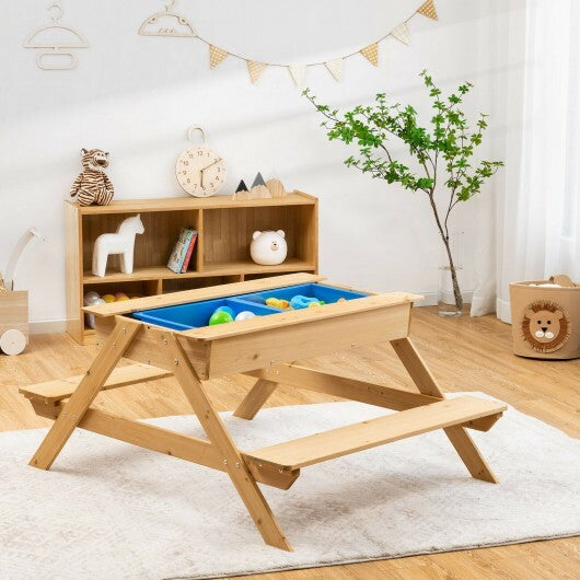 3-in-1 Kids Picnic Table Wooden Outdoor Water Sand Table with Play Boxes - Color: Natural