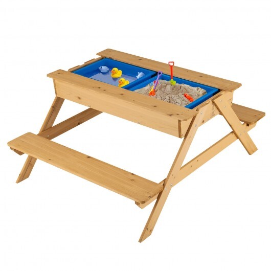 3-in-1 Kids Picnic Table Wooden Outdoor Water Sand Table with Play Boxes - Color: Natural