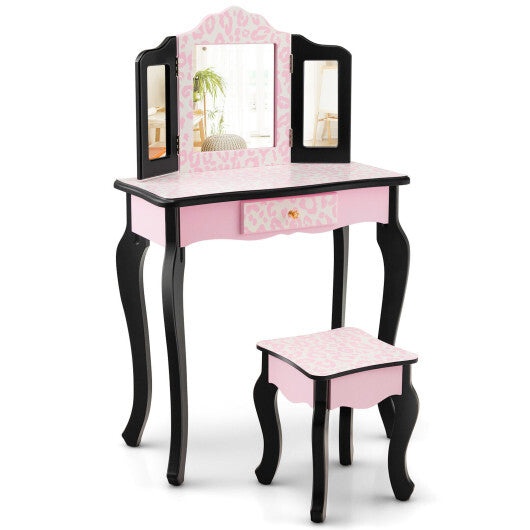 Kid Vanity Set with Tri-Folding Mirror and Leopard Print-Pink - Color: Pink