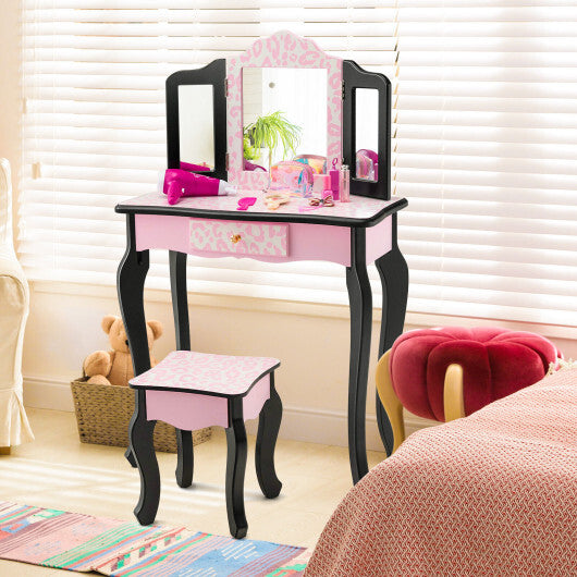 Kid Vanity Set with Tri-Folding Mirror and Leopard Print-Pink - Color: Pink