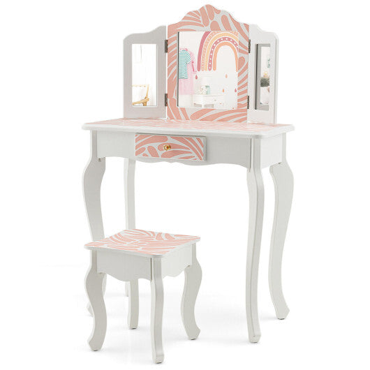 2-in-1 Kids Vanity Table Set with Tri-folding Mirror-Pink - Color: Pink