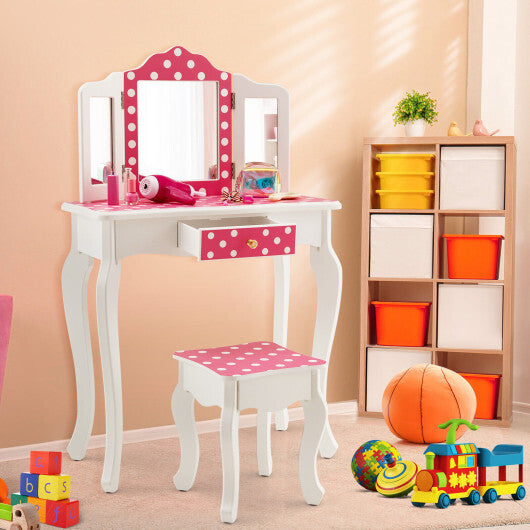 Kids Vanity Table and Stool Set with Cute Polka Dot Print-Pink - Color: Pink