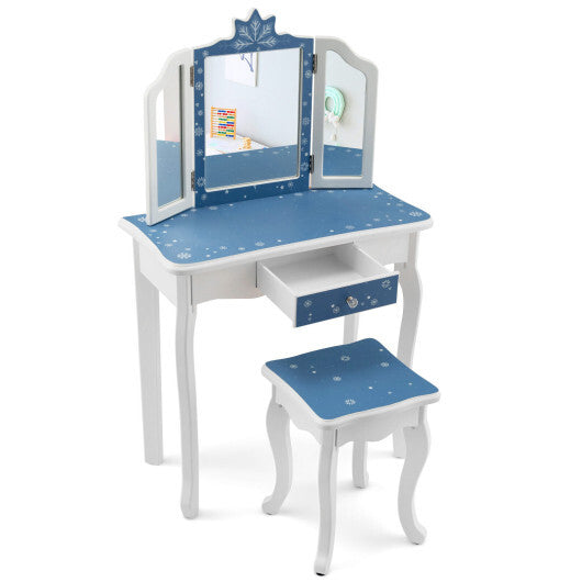 Princess Vanity Table and Chair Set with Tri-Folding Mirror and Snowflake Print-Blue - Color: Blue