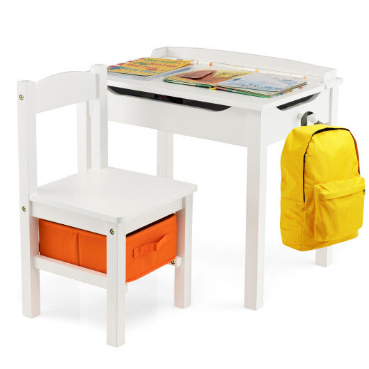 Wood Activity Kids Table and Chair Set with Storage Space-White - Color: White