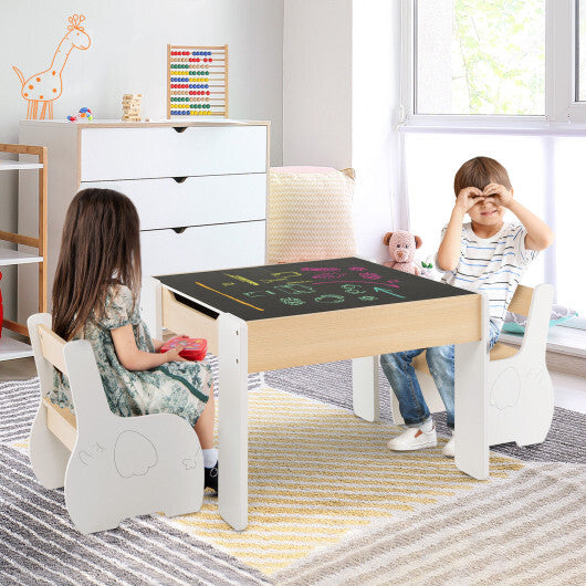 4-in-1 Wooden Activity Kids Table and Chairs with Storage and Detachable Blackboard-White - Color: White