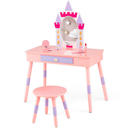 Kids Princess Vanity Table and Stool Set with Drawer and Mirror-Pink - Color: Pink