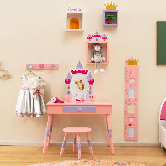 Kids Princess Vanity Table and Stool Set with Drawer and Mirror-Pink - Color: Pink