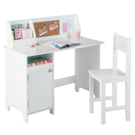 Wooden Kids Study Desk and Chair Set with Storage Cabinet and Bulletin Board-White - Color: White