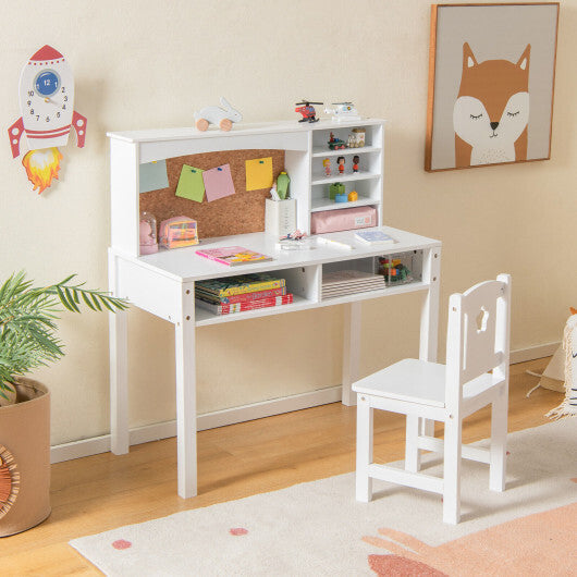 Kids Desk and Chair Set with Hutch and Bulletin Board for 3+ Kids-White - Color: White