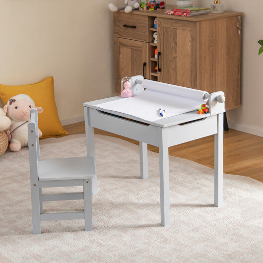 Wooden Kids Table and Chair Set with Storage and Paper Roll Holder-Gray - Color: Gray