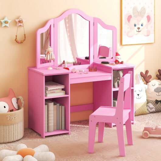 Kids Vanity Table and Chair Set with Removable Tri-Folding Mirror-Pink - Color: Pink