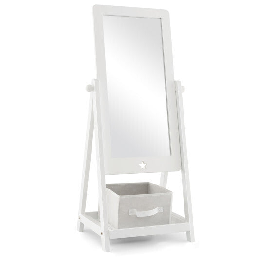Kids Full Length Wooden Standing Mirror with Bottom Shelf and Foldable Storage Bin-White - Color: White
