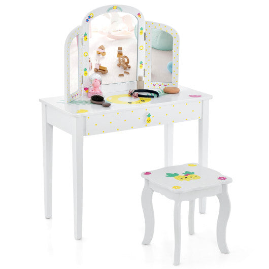 Kids Vanity Table Set with Tri-Folding Mirror and Large Drawer-White - Color: White